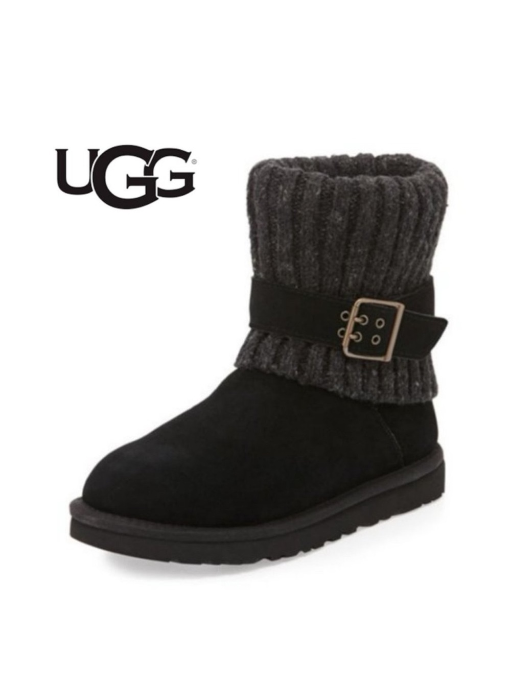 UGG Cambridge Winter Boots Womens Size 8 Black Leather Sheepskin Knit Cuff